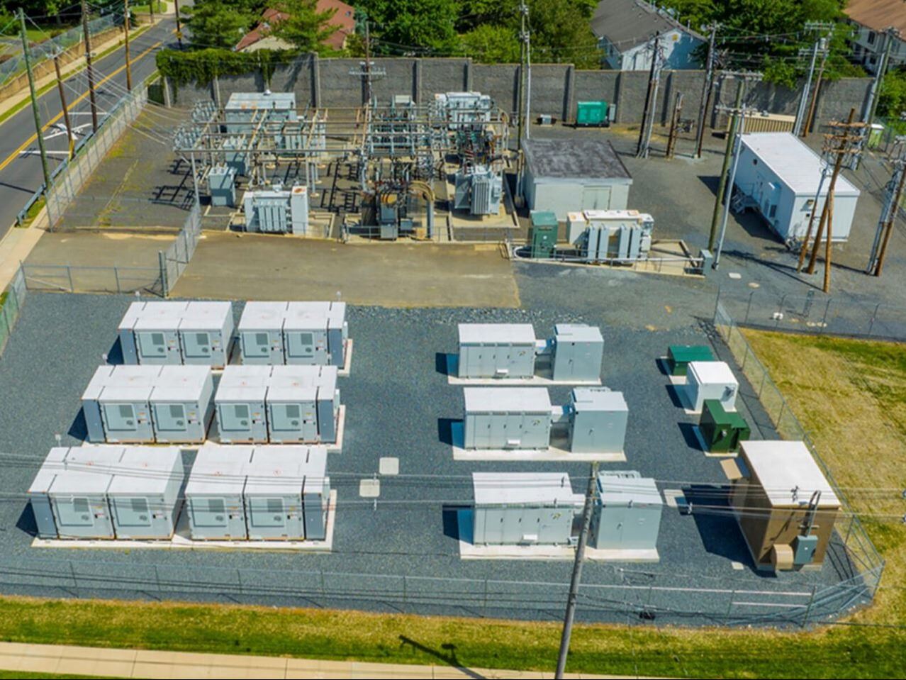 Aerial view of electric substation showing the battery storage project
